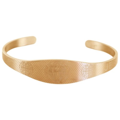 Bracelet jonc réglable en acier inoxydable couleur doré, médaille de Saint Benoît gravée.