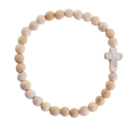 Bracelet sur élastique grains bois Ø 6 mm croix turquoise synthétique