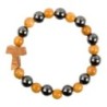 Bracelet dizainier sur élastique pour enfant grains en hématite et bois d'olivier Ø 4 mm, avec croix de Tau.