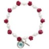 Bracelet dizainier, grains roses 8 mm, grains nacrés blancs 6 mm, croix et médaille avec résine Vierge miraculeuse