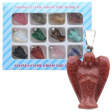Boîte présentoir de 12 pendentifs ange en pierres assorties, synthétiques et naturelles, H 2 cm