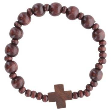 Bracelet dizainier sur élastique grains en bois Ø 9 mm, avec croix en bois