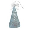 Ange en verre en prière, robe LED opaque bleuetée avec liseré pailleté. H. 15 cm. Livré en boîte.