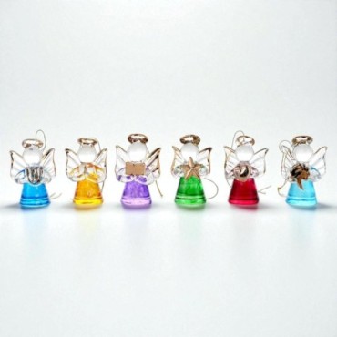 Ange en verre plein coloré avec instrument doré. Boîte individuelle. Présentoir de 12 pièces assorties. H. 5 cm.