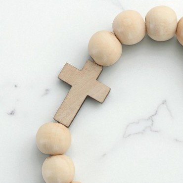Bracelet élastique homme, perles en bois Ø 1 cm avec croix.