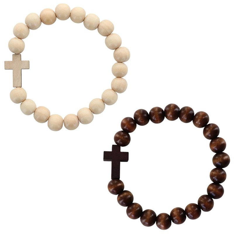Bracelet élastique homme, perles en bois Ø 1 cm avec croix