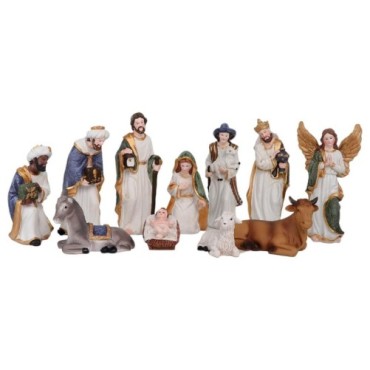 Crèche en résine de couleur avec 11 personnages, H.4 - 13 cm L.3.5 - 9 cm