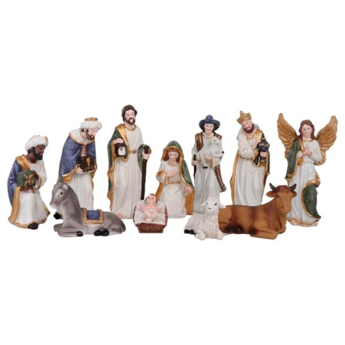 Crèche en résine de couleur avec 11 personnages, H.4 - 13 cm L.3.5 - 9 cm