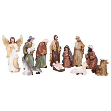 Crèche en résine de couleur avec 11 personnages, H.4 - 13 cm L.3.5 - 9 cm