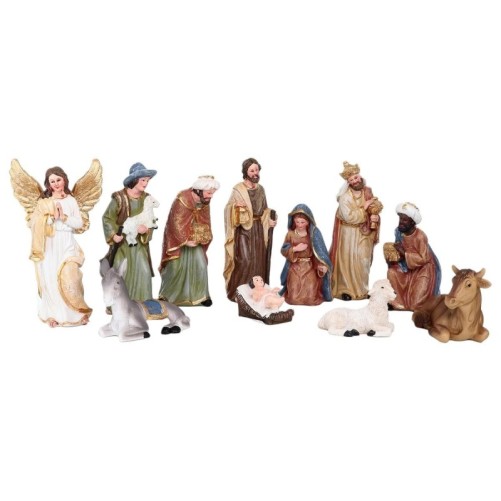 Crèche en résine de couleur avec 11 personnages, H.4 - 13 cm L.3.5 - 9 cm