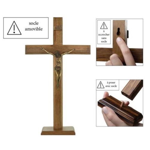 Crucifix à poser ou a accrocher en bois avec Christ en doré antique, avec socle amovible. Plusieurs tailles.