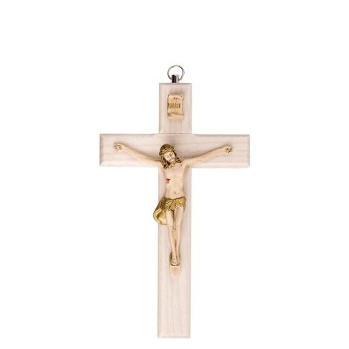 Crucifix en bois clair avec Christ en résine style bois, style bois..