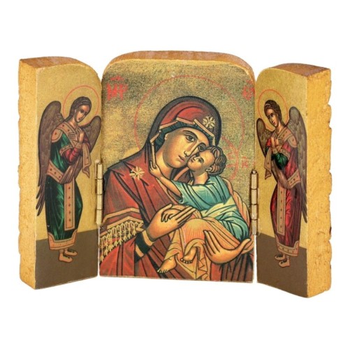 Triptyque en bois sculpté à la main selon méthode artisanale avec image classique H. 7.5 x 10 cm, divers modèles