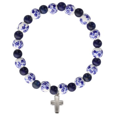 Bracelet sur élastique grains porcelaine et lapis lazuli Ø 8 mm