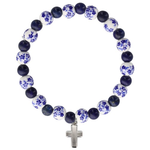 Bracelet sur élastique grains porcelaine et lapis lazuli Ø 8 mm