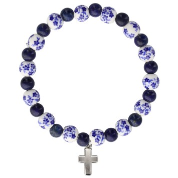 Bracelet sur élastique grains porcelaine et lapis lazuli Ø 8 mm