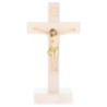 Crucifix en bois clair sur socle avec Christ en resine style bois..