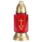 Bougie rouge en verre extérieur, croix dorée, résistante aux intempéries. Durée ~45 h, H25 cm, Ø10 cm.