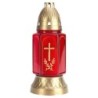 Bougie rouge en verre extérieur, croix dorée, résistante aux intempéries. Durée ~45 h, H25 cm, Ø10 cm.
