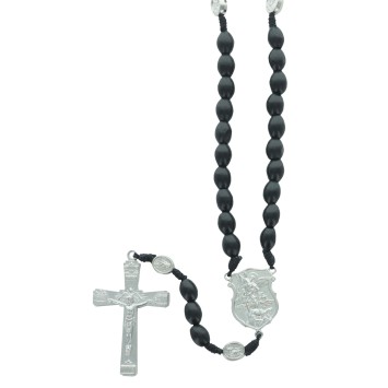 Chapelet sur corde grains ovales en bois noir Ø 10 mm pater médaille de st Michel, croix avec Christ