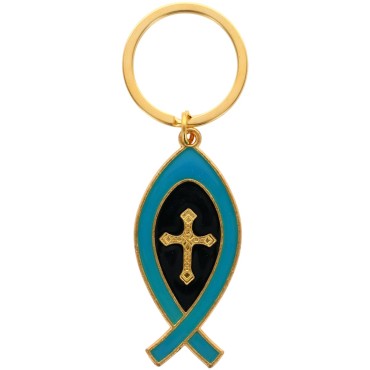 Porte-cles Ictus en metal de couleur dore avec croix au centre, hauteur 5 cm. Existe de differentes couleurs.