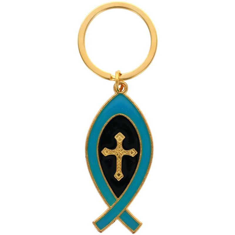 Porte-cles Ictus en metal de couleur dore avec croix au centre, hauteur 5 cm. Existe de differentes couleurs.