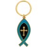 Porte-cles Ictus en metal de couleur dore avec croix au centre, hauteur 5 cm. Existe de differentes couleurs.