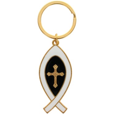 Porte-cles Ictus en metal de couleur dore avec croix au centre, hauteur 5 cm. Existe de differentes couleurs.