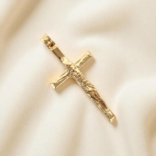 Croix biseautée avec Christ en plaqué or H. 3 cm. Livré en boite