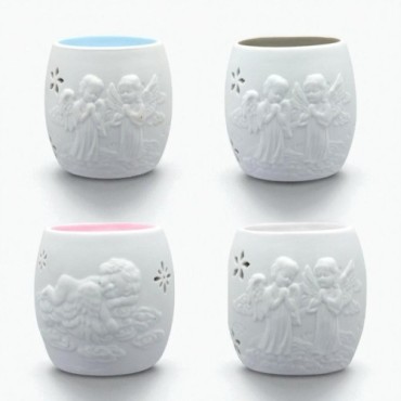Brûle-parfum en céramique décor ange, H 8,5 cm, Ø 7,5 cm. Lot de 4 assortis