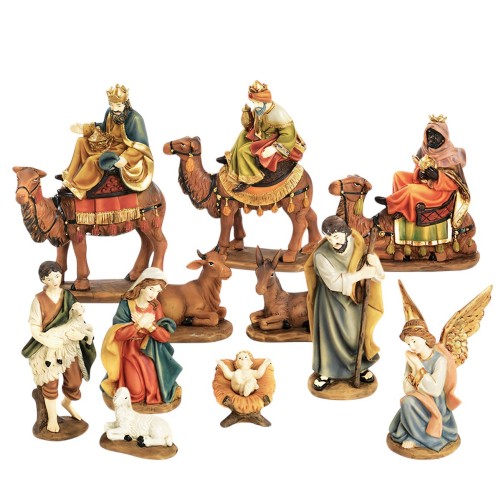 Crèche en résine 11 personnages, H. 7 cm. Livrée en boite présentoir