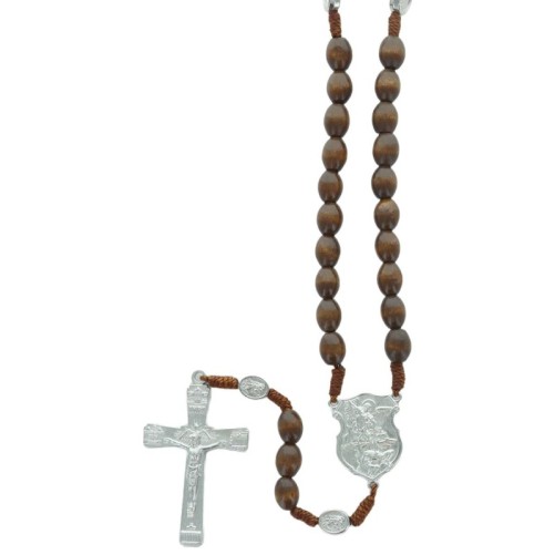Chapelet sur corde grains ovales en bois Ø 10 mm pater médaille de st Michel, croix avec Christ
