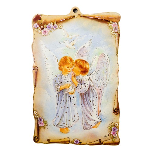 Cadre en bois forme parchemin à suspendre H.15x10 cm avec image collée, plusieurs modèles anges et enfants.