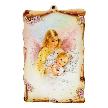 Cadre en bois forme parchemin à suspendre H.15x10 cm avec image collée, plusieurs modèles anges et enfants.