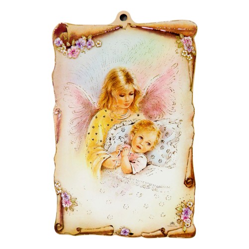 Cadre en bois forme parchemin à suspendre H.15x10 cm avec image collée, plusieurs modèles anges et enfants.
