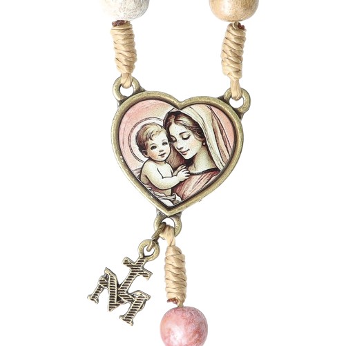 Chapelet de toutes les Mères sur corde grains en bois Ø 8 mm et croix avec Christ