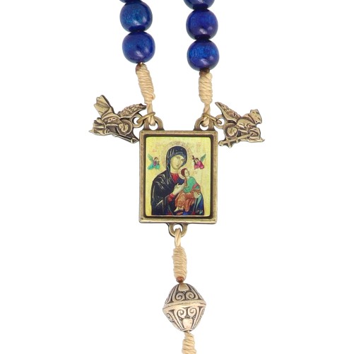 Chapelet sur corde grains bois Ø 8 mm avec cœur avec la vierge du perpétuel secours et croix du Christ en gloire H 4.5 cm
