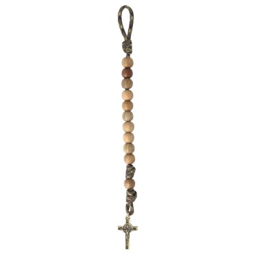 Bracelet dizainier pour homme sur corde grains en bois Ø 1.2 cm avec croix de St Benoit