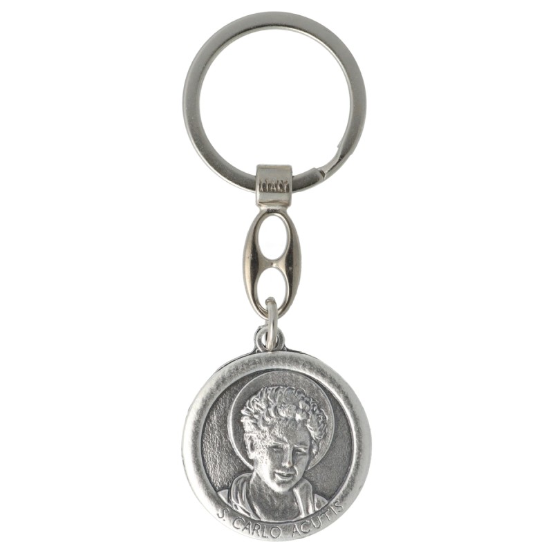 Porte clés argentée de Saint Carlo Acutis Ø 3 cm