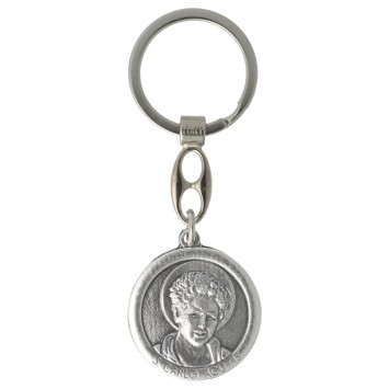 Porte clés argentée de Saint Carlo Acutis Ø 3 cm