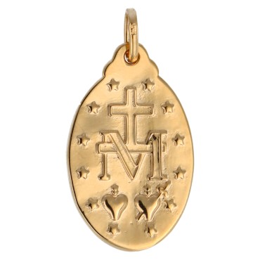 Médaille en plaqué or de la Vierge Miraculeuse, texte en Français, H. 2.5 cm. Livrée en boite.