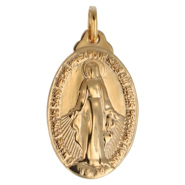 Médaille en plaqué or de la Vierge Miraculeuse, texte en Français, H. 2.5 cm. Livrée en boite.