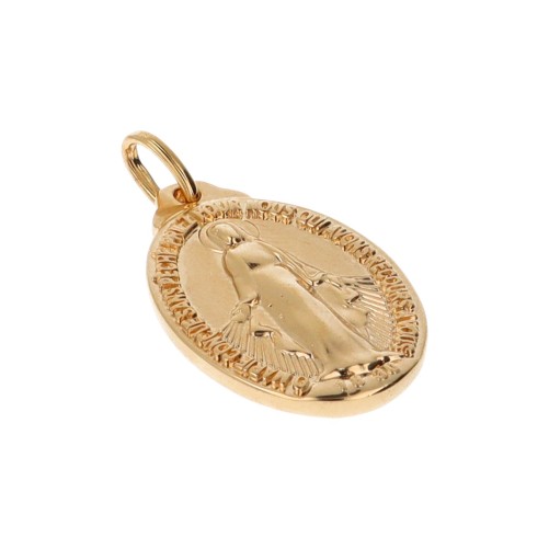 Médaille en plaqué or de la Vierge Miraculeuse, texte en Français, H. 2.5 cm. Livrée en boite.