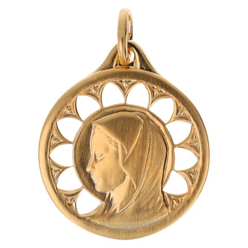 Médaille ronde dentelée de la Vierge en plaqué or, Ø 2 cm. Livré en boite.