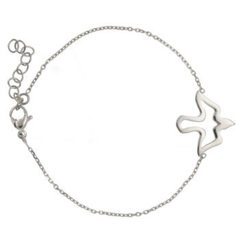 Bracelet sur chaîne ajustable avec colombe ajourée en acier inoxydable argenté.
