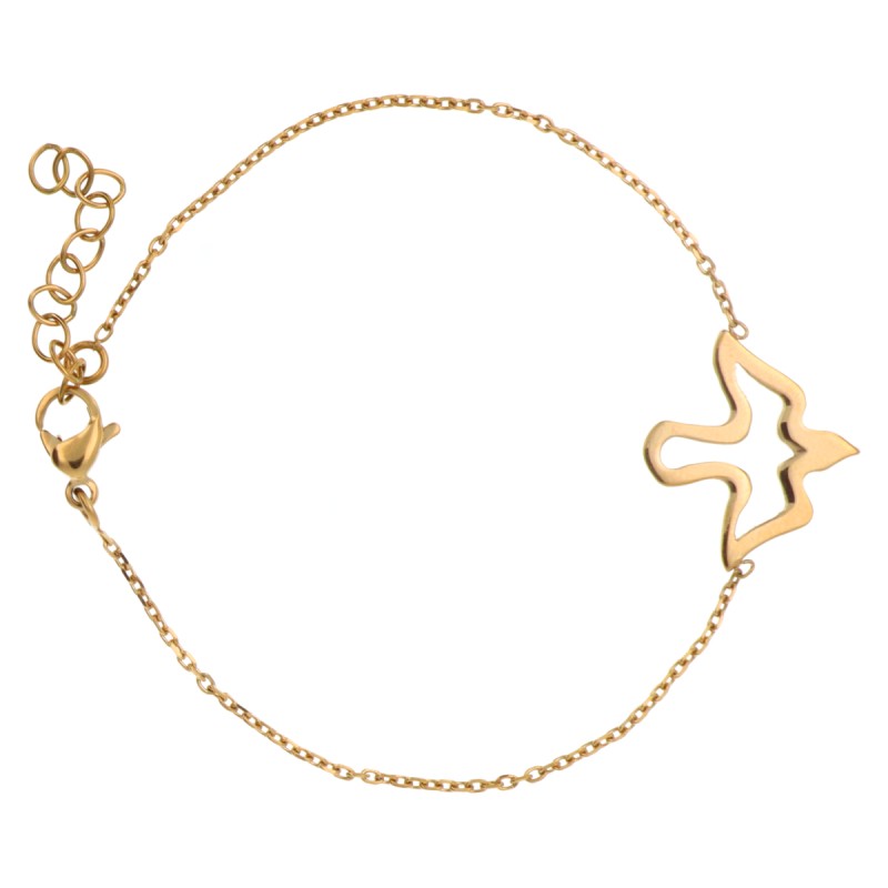 Bracelet sur chaîne ajustable avec colombe ajourée en acier inoxydable dorée.