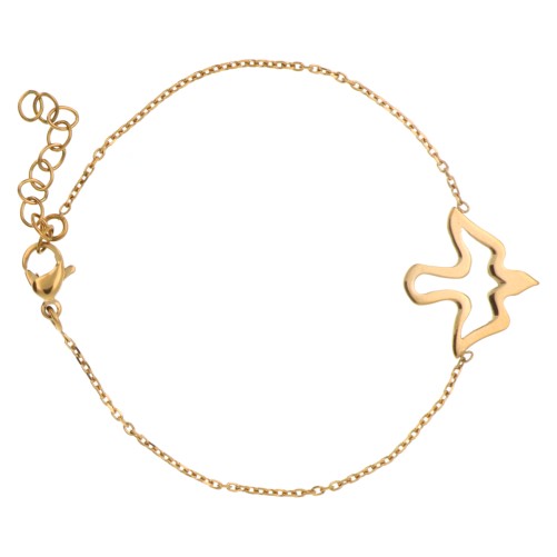Bracelet sur chaîne ajustable avec colombe ajourée en acier inoxydable dorée.