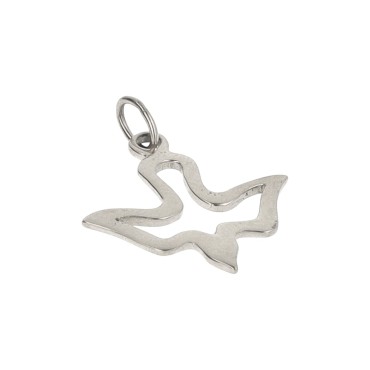 Pendentif colombe ajourée en acier inoxydable de couleur argentée, H. 1.5 cm.