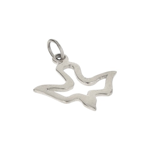 Pendentif colombe ajourée en acier inoxydable de couleur argentée, H. 1.5 cm.