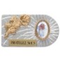 Plaque auto rectangle en aluminium strie, dimensions 2,4 x 4 cm, ornee d une rose. Differents Saints